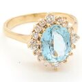 14k Massiv Gelbgold Natürlich Blau Topas Und Diamanten Cocktail Damen Ring