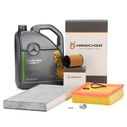 HIRSCHER Filterset + 5L ORIGINAL 5W30 Motoröl für MERCEDES W169 W245 160-200inkl. 5 Liter ORIGINAL Mercedes 5W30 Motoröl MB 229.51