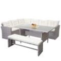 Poly-Rattan-Garnitur MCW-A29, Gartengarnitur Sitzgruppe Lounge-Esstisch-Set Sofa ~ hellgrau, Kissen creme + Bank