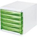 Schubladenbox helit, 5 Schübe, DIN A4, B 265 x H 250 x T 340 mm, Polypropylen, Gehäuse weiß/Schublade grün transparent