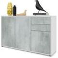 Vladon - Kommode Sideboard Anrichte Schrank Ben V3 in Weiß - Hochglanz und Naturtöne - Front in Beton Oxid Optik Korpus matt - Front in Beton Oxid