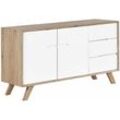 Sideboard Weiß Heller Holzfarbton mdf Platte Pinienholz 75 x 140 x 40 cm Modern 3 Schubladen Mit 2 Türen Wohnzimmer