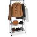 Rollgarderobe, mit 2 Ablagen f. Schuhe, Taschen, Accessoires, Haken, Metall, stabiler Kleiderständer, schwarz - Relaxdays