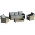 Outsunny - 4-tlg. Polyrattan Gartenmöbel Set Gartengarnitur Garten-Set Sitzgruppe Loungeset Loungemöbel mit Couchtisch Sitzkissen Aluminium Braun+Grau