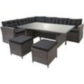 Poly-Rattan-Garnitur HHG 471, Gartengarnitur Sitzgruppe Lounge-Esstisch-Set Sofa grau, Kissen grau + 2x Hocker