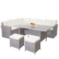 Poly-Rattan-Garnitur MCW-A29, Gartengarnitur Sitzgruppe Lounge-Esstisch-Set Sofa ~ hellgrau, Kissen creme + 2x Hocker