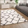 Paco Home - Hochflor Teppich Wohnzimmer Shaggy Langflor Modernes Skandi Muster Grau Creme 120x160 cm