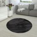 Hochflor Teppich Wohnzimmer Super Softes Kaninchenfell Imitat Kunstfell Schwarz ø 120 cm Rund - Paco Home