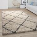 Paco Home - Hochflor Teppich Wohnzimmer Shaggy Skandinavisches Rauten Muster Beige Grau ø 200 cm Rund