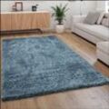 Paco Home Hochflor Teppich Wohnzimmer Shaggy Langflor Weich Modern Einfarbiges Muster Blau 120 cm Rund