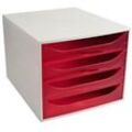 Exacompta Schubladenbox mit 4 Schubladen Big Box Kunststoff Hellgrau, Rot 28,4 x 34,8 x 23,4 cm