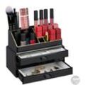 Relaxdays - Make Up Organizer, 2-teilig, mit Schmuckkästchen, 3 Schubladen, Kunststoff, hbt 18,5x23,5x15 cm, schwarz-gold