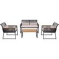 HHG - Garten-Garnitur 603, Gartenlounge Lounge-Set Sitzgruppe Sofa, Seilgeflecht Rope Holzoptik Stahl, Polster hellgrau