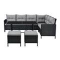 Juskys Gartenlounge Manacor schwarz - Sofa, Tisch, Hocker & Kissen - 7 Personen - Sitzbezüge in Grau