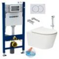 Geberit Pack Vorwandelement 112cm + WC ohne Spülrand + Ultradünner Sitz, Softclose + Bidet Handbrause + Betätigungsplatte