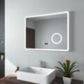 EMKE Badspiegel mit Beleuchtung, LED Wandspiegel 90x70cm (Kaltweißes Licht, Touch-Schalter, Beschlagfrei, Uhr, 3-fach Lupe)