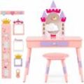 Kinder Schminktisch mit Spiegel, Prinzessin Frisiertisch mit Wachstumstabelle, Türhänger, Kleiderhaken & Wandregal, Kosmetiktisch Holz mit Hocker,