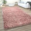 Paco Home Hochflor Teppich Wohnzimmer Shaggy Pastell Weich Flauschig Einfarbig Langflor Rosa 140x200 cm