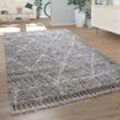 Paco Home - Hochflor Teppich Grau Wohnzimmer Orientalisches Muster Berber Stil Weich Shaggy 160x230 cm