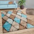 Paco Home Teppich Wohnzimmer Vintage Optik Rauten Muster Kurzflor Modern Beige Blau Braun 160x220 cm