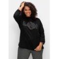 Sweatshirt mit Wording-Stickerei und Glitzersteinen, schwarz, Gr.44/46