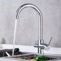 3 Wege Wasserhahn Küche Höhe 38.5 cm, 360°drehbar Küchenarmatur Spültischarmatur für Wasserfilter, Trinkwasserhahn mit 2 Hebel, Chrom - Auralum