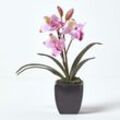 Kunstblumen Cymbidium Orchidee rosa in einem schwarzen Topf, 38 cm hoch - Rosa - Homescapes