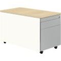 mauser Schubladencontainer mit Rollen, HxT 529 x 800 mm, 1 Materialschub, 1 Hängeregistratur, reinweiß / weißaluminium / Ahorn