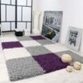 Shaggy Teppich Hochflor Langflor Gemustert in Karo Lila Schwarz Weiss 230x320 cm - Paco Home