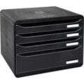 Schubladenbox BIG-BOX PLUS HORIZON QUER, A4+, 4 halboffene Schübe mit Auszugsstopp, Griffmulde & Etikettenhalter, Etiketten, Blauer Engel, schwarz