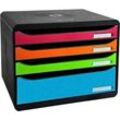 Schubladenbox BIG-BOX PLUS HORIZON QUER, A4+, 4 halboffene Schübe, Auszugsstopp/Griffmulde/Etikettenhalter, Etiketten, Blauer Engel, schwarz-harlekin