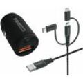 Prouser - kfz USB-Lader-Set 20176, qc, extra klein, 3in1 USB-Kabel, schwarz