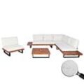 Garten-Garnitur mit Sessel MCW-H54, Lounge-Set Sofa, Spun Poly Akazie Holz MVG Aluminium ~ braun, Polster cremeweiß