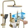 Duschsystem mit Thermostat, Duscharmatur Gebürstetes Gold Dusche Set Höhenverstellbar Regendusche Set mit Wannenauslauf, 310 200mm Duschkopf, 3 Modi