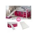Homestyle4u Hochbett 90x200 cm Kinderbett Weiß Kiefer Spielbett mit Vorhang Pink mit Lattenrost und Rutsche