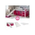 Homestyle4u Hochbett 90x200 cm Kinderbett Weiß Kiefer Spielbett mit Vorhang Pink mit Lattenrost, Matratze und Rutsche, weiß