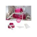 Homestyle4u Hochbett 90x200 cm Kinderbett Weiß Kiefer Spielbett mit Vorhang Pink mit Lattenrost, Matratze, Rutsche und Tunnel, weiß