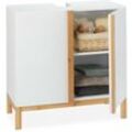 Waschbeckenunterschrank, 2 Fächer, Badschrank mdf & Bambus, Waschbeckenschrank hbt 60,5x60x30,5cm, Weiß/Natur - Relaxdays