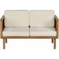 2-Sitzer Gartensofa Hellbraun Akazienholz mit Armlehnen Auflagen Beige Stoff Rustikal Modern Outdoor Terrasse Garten Balkon Möbel Außenbereich