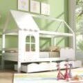 Okwish - Hausbett Kinderbett Jugendbett 200x90 mit Rausfallschutz,vielseitiges Holz Kinderbett für Jungen & Mädchen, Wei Schubladen, Massivholz