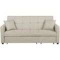 3-Sitzer Sofa Beige Stoffbezug Gesteppt mit Schlaffunktion 2 Dekokissen Schmale Armlehnen Modern Wohnzimmer Schlafsofa Polstersofa