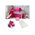 Homestyle4u Hochbett 90x200 cm Kinderbett Weiß Kiefer Spielbett mit Vorhang Pink mit Lattenrost, Rutsche, Tunnel und Turm, weiß