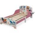 Kinderbett, hbt 60 x 94 x 143 cm, Kleinkindbett mit Ablage, Rausfallschutz, Lattenrost, Superheldin, mdf, bunt - Relaxdays