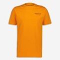 Orange Sport-T-Shirt mit blauem Logo auf dem Rücken