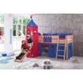 Spielbett KIM 90x200 cm, mit Rutsche und Turm Buche massiv natur lackiert Stoffset blau/rot