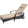 Neuwertig] Poly-Rattan Sonnenliege Cesena, Relaxliege Gartenliege Liege, Alu braun, Kissen beige - brown