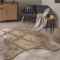 Paco Home Teppich Wohnzimmer Kurzflor Modernes Kunstfell Fellform Weich Einfarbig Rutschfest Beige, 100x200 cm Fell-form