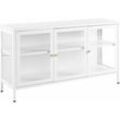 Metallschrank Weiß Stahl mit Glasfront 35 x 115 x 65 cm Sideboard mit Griffen 3 Türen 2 Regalböden Wohnzimmer Büro Arbeitszimmer Flur Bad