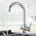 3 Wege Wasserhahn Küche, 360°drehbar Küchenarmatur Spültischarmatur für Wasserfilter, Trinkwasserhahn mit 2 Hebel, Chrom