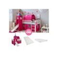 Homestyle4u Hochbett 90x200 cm Kinderbett Weiß Kiefer Spielbett mit Vorhang Pink mit Lattenrost, Matratze, Rutsche, Tunnel und Turm, weiß